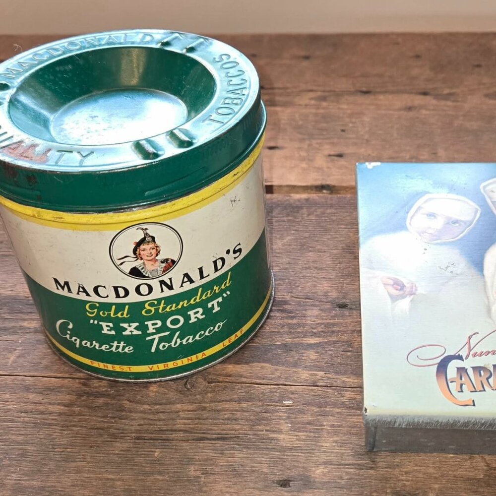 RARE Vintage MacDonald's Export Tobacco Tin ASHTRAY LID & Nun Finer Caramel Tin